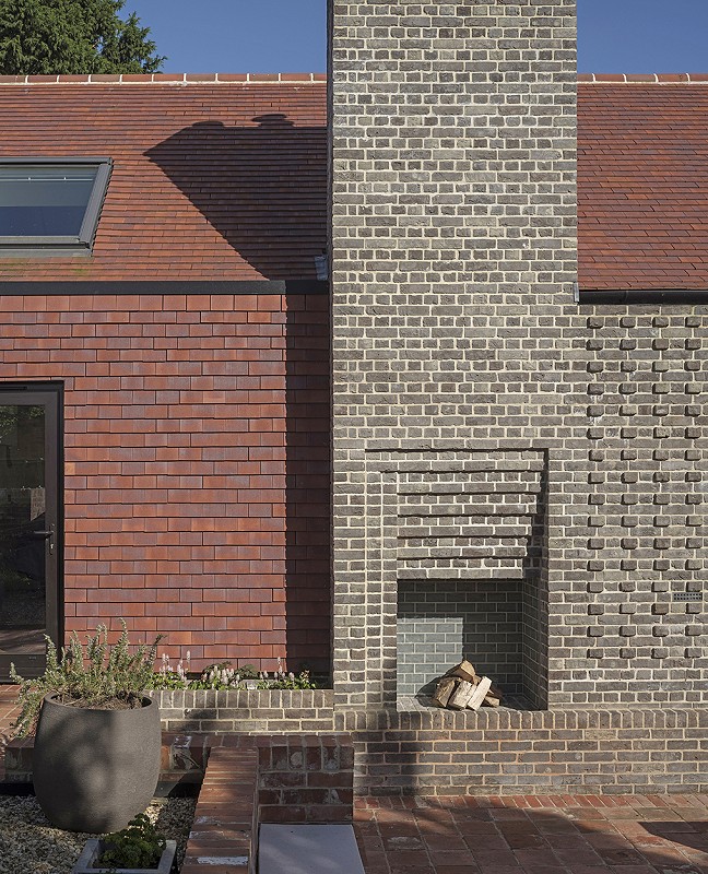 Outside fireplace brick detail chimney hung tiles